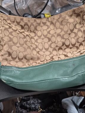 Coach Canvas Shoulder Bag in Tan and Green Leather Trim